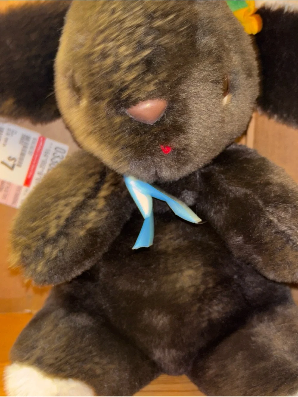Gund Black Plush Bunny with Blue Ribbon and Multicolor Flower with rattle inside